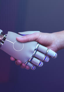 Robot handshake human background futuristic digital age